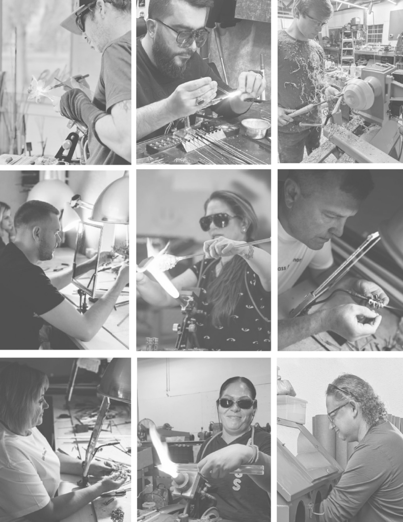 3x3 grid of photos of the glassmaking team