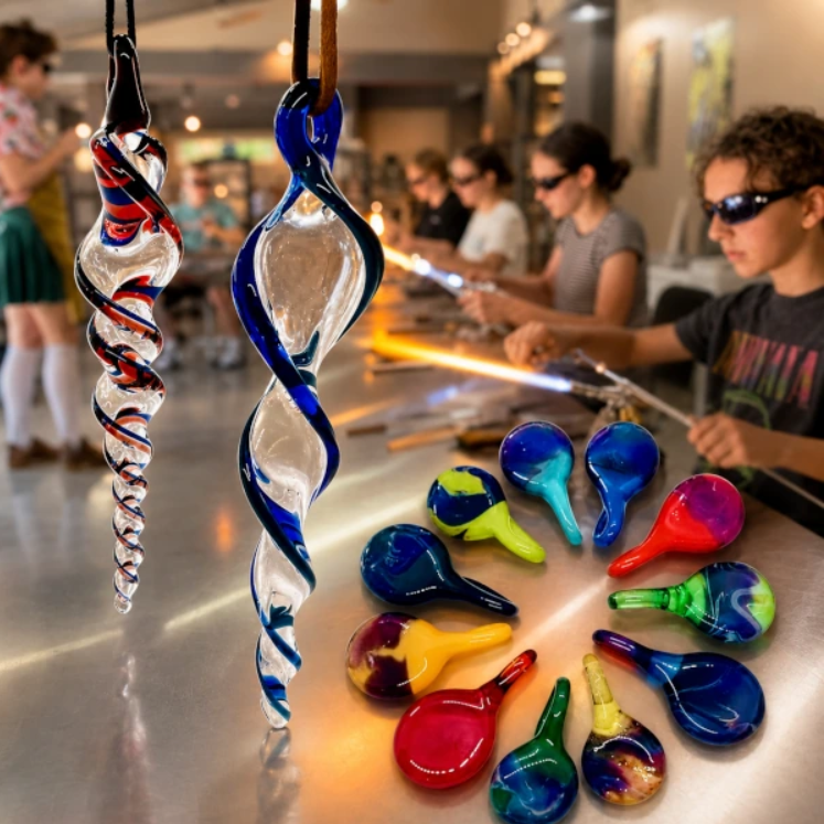 glass spirals and pendants in front of a class of glassblowing students